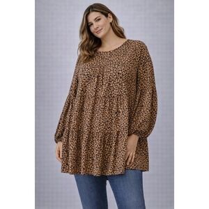 ODDi Leopard Print Tiered Babydoll Tunic Top Plus Size 3XL Long Sleeve